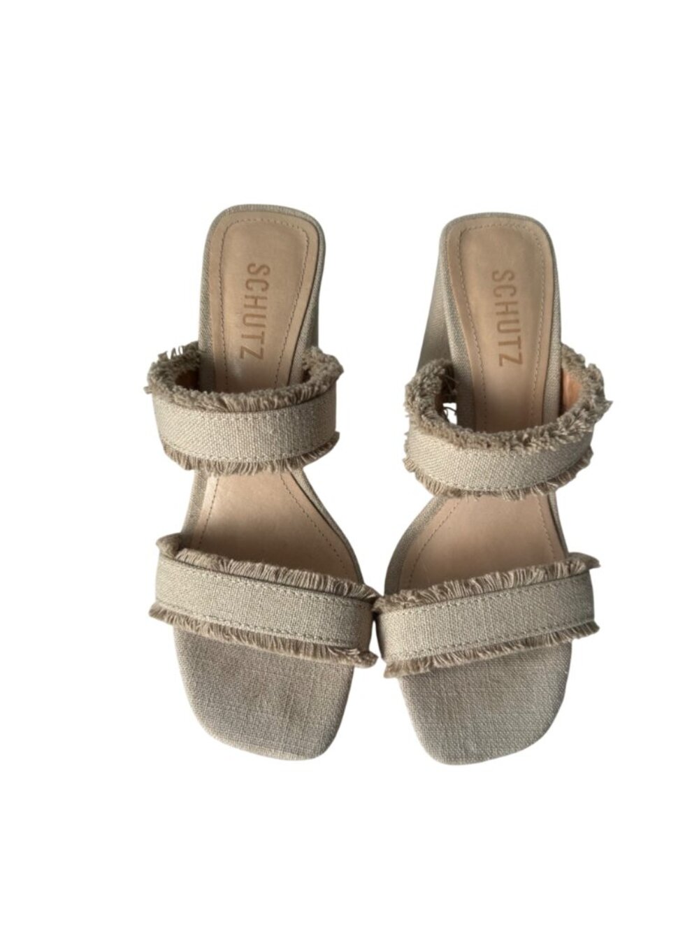 Schutz Amely Beige Frayed Canvas Mid Block Heel Sandals 7.5B - Picture 2 of 6